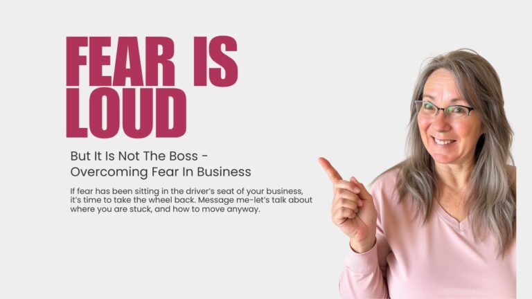 Cleo Schoenfelder smiling confidently and pointing upward while standing against a light background. The text “Fear Is Loud” appears beside her, symbolizing courage, mindset strength, and overcoming fear in business and personal growth.