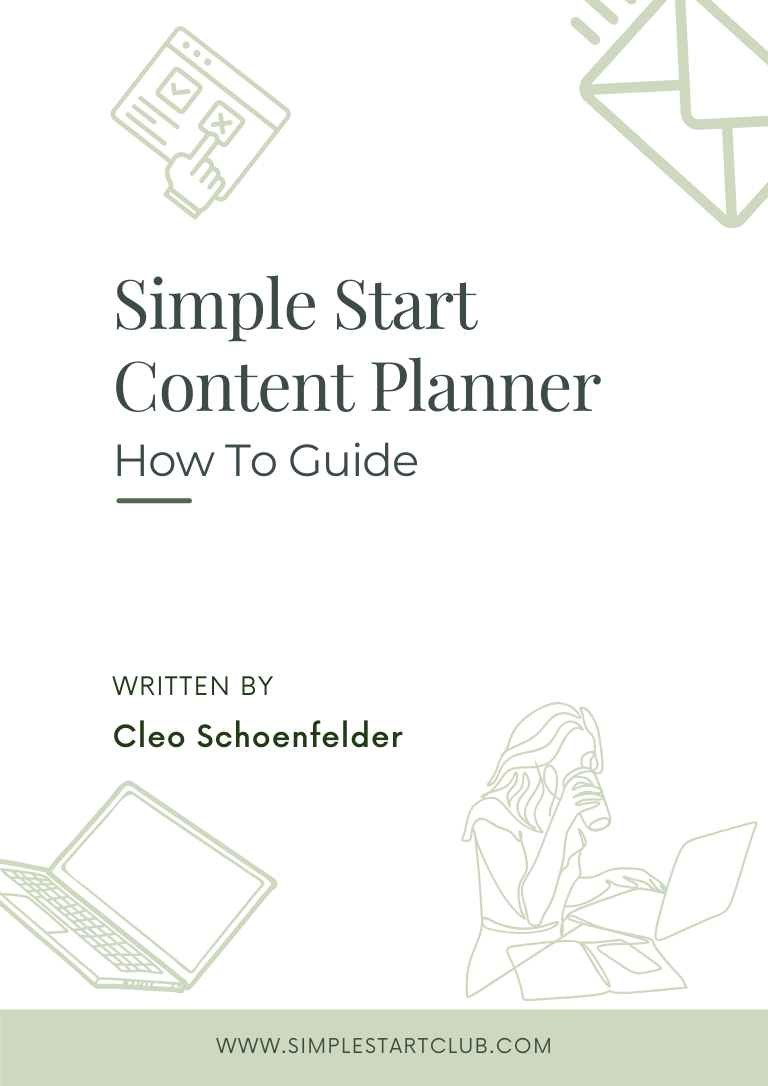 Cover image of the Simple Start Content Planner How To Guide by Cleo Schoenfelder, featuring minimalist green line art icons of a laptop, envelope, and woman working on a computer.