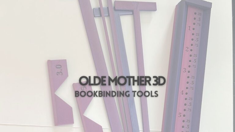 3D printed bookbinding tools from Olde Mother 3D Etsy shop including awl guide, T spacers and miter jig set
