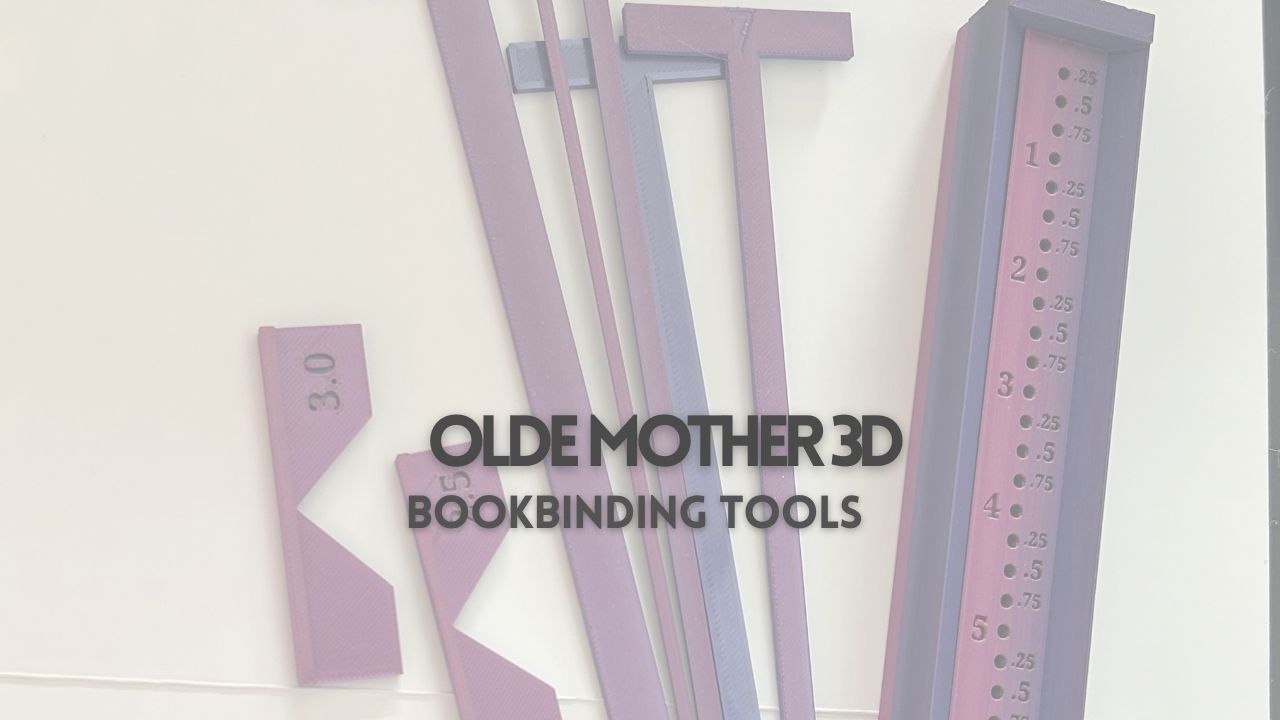 3D printed bookbinding tools from Olde Mother 3D Etsy shop including awl guide, T spacers and miter jig set